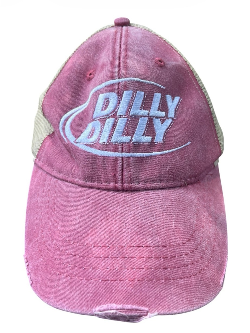 Adams “Dilly Dilly”Cream Mesh Trucker Hat Distressed Vintage Style Snap